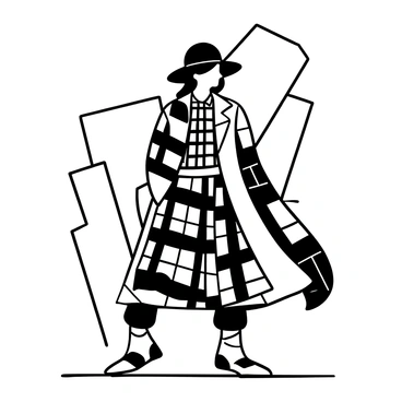 A model wearing a layered outfit featuring bold plaid patterns in various configurations. The outfit includes a long plaid coat, a checkered shirt, and a plaid skirt, all distinctly arranged to showcase the modern interpretation of plaid fashion. Accessories include a wide-brimmed hat and oversized scarf, both with complementary plaid designs. The model stands confidently on a runway, with a backdrop of geometric shapes that enhances the fashion display.