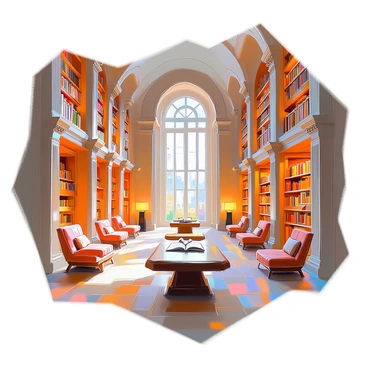 A detailed floor plan of an ancient library featuring towering bookshelves that stretch from the floor to the ceiling, filled with aged books and scrolls. The layout includes various reading nooks, each with comfortable seating arrangements and warm lighting, inviting readers to delve into their literature. A grand archway leads to a central reading area, adorned with intricate carvings and large windows that allow natural light to pour in. The floor is made of polished wood, and there are several ornate tables scattered throughout, providing spaces for study and collaboration. Ornate columns line the aisles, enhancing the majestic atmosphere of this historical space.