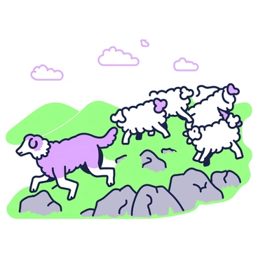 A Scottish sheepdog is herding a flock of sheep on a rocky hillside. The sheep are a mix of white and grey, scattered across the uneven terrain. The sheepdog has a thick, textured coat with distinctive markings, actively moving among the sheep to guide them. The hillside is dotted with patches of grass and small boulders, creating a rugged landscape. In the background, there are rolling hills fading into the distance, under a clear sky. A few scattered clouds are visible overhead.