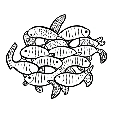 A series of fish interlocking in a repeating pattern, with their bodies forming a continuous and seamless design. Each fish is detailed with scales and fins, contributing to the woven appearance. The fish are arranged in such a way that they create a harmonious flow, with some facing left and others facing right. The background is filled with negative space, emphasizing the intricate pattern formed by the interlocking fish.
