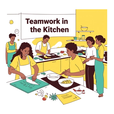 A yellow cooking class is in full swing, with diverse students engaged in various tasks. One student is chopping vegetables on a teal cutting board, while another stirs a pot on the stove, following a recipe displayed on a teal recipe card. In the background, a white instructor is demonstrating proper knife techniques to a small group of attentive students. The atmosphere is lively, with students exchanging smiles and helping each other with their cooking tasks. A large white banner hangs on the wall, featuring the words "Teamwork in the Kitchen" in bold letters. The kitchen is filled with pots, pans, and ingredients scattered across the countertops, illustrating a dynamic learning environment.