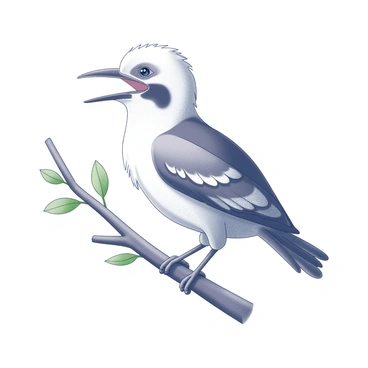 A kookaburra is perched on a sturdy branch of a tree. Its body is plump and features a distinctive pattern of feathers. The bird's beak is open wide as if it is in the midst of a joyful laugh. Its eyes are bright and expressive, reflecting a lively spirit. Surrounding the branch are several green leaves, adding to the natural setting. The scene captures the essence of the kookaburra's characteristic behavior.