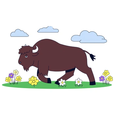 A bison walking across the open plains. The bison has a thick, dark brown coat and shows strong muscle definition. Surrounding the bison are vibrant wildflowers in shades of yellow, purple, and white, scattered across the green grass. The sky above is clear with a few fluffy white clouds. The sun casts gentle shadows on the ground, highlighting the contours of the landscape.