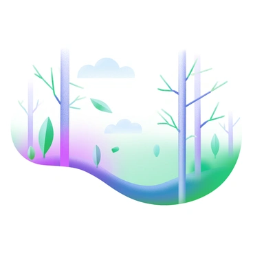 A modern pastel illustration depicting a quiet forest scene. The foreground features minimal line drawings suggesting tall, slender trees with delicate branches. Scattered throughout are simple outlines of foliage in soft green and light blue hues. The background is filled with subtle variations of pastel colors to represent the sky, blending seamlessly into the serene atmosphere of the forest. The overall composition offers a tranquil and open feeling, inviting the viewer to explore the gentle beauty of nature.
