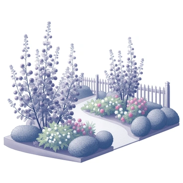A cottage garden filled with a variety of plant life. In the foreground, clusters of "elderberry plants" rise prominently, showcasing their distinct foliage. Surrounding the elderberry are "colorful flowers" of various shapes and sizes, creating a lush and vibrant scene. The garden features a quaint, winding pathway that invites exploration, bordered by neatly trimmed hedges and overflowing flower beds. A small wooden fence encloses the garden, adding to the charm of the setting.