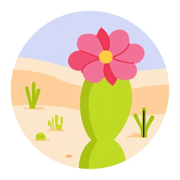 A blooming cactus flower with "bright pink petals" sits atop a green cactus. The flower has a central yellow stamen surrounded by vivid petals that fan outwards. In the background, there is a sandy desert landscape with rolling dunes and a clear blue sky. Sparse green shrubs and small rocks are scattered across the desert floor, adding texture to the scene. The sunlight casts soft shadows, enhancing the vibrant colors of the flower and the natural surroundings.