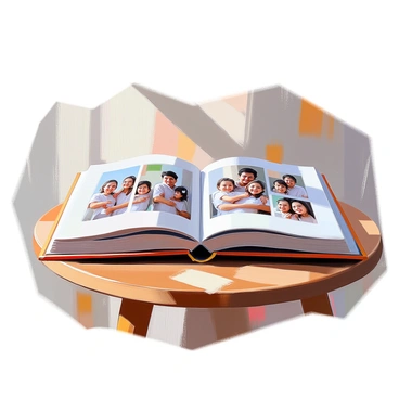 An open photo album rests on a wooden table, its pages displaying a collection of black and white family portraits. Each photograph captures various moments, showing smiling faces, candid interactions, and nostalgic poses of family members across generations. The album's cover is a textured leather, aged and slightly worn, adding to its timeless appeal. The room has soft, natural light illuminating the pages, creating gentle shadows that enhance the details of the photographs.