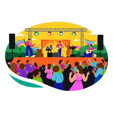 A lively outdoor concert scene featuring a Hispanic band performing on a large stage. The stage is adorned with colorful banners and vibrant lights illuminating the performers. The band members, dressed in bright traditional attire, are playing various instruments, including guitars and percussion. In the foreground, a diverse crowd is dancing and enjoying the music, some waving their hands and others clapping to the rhythm. The sky is clear with a warm sunset casting a golden hue over the scene, adding to the festive atmosphere.