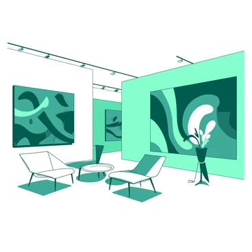 A teal modern art gallery features large abstract paintings with bold shapes and colors adorning the white walls. In the center of the room, there are sleek white furniture pieces, including minimalist chairs and a low coffee table. The floor is polished with a smooth white finish, reflecting the vibrant colors of the paintings. On a nearby wall, a large abstract piece dominates the space, with swirling forms in a variety of colors. The gallery is well-lit with soft white lighting that highlights the artwork and creates a welcoming atmosphere.