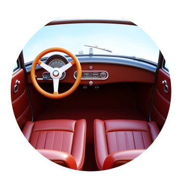 The interior of a classic vintage car showcases a polished wooden steering wheel with a smooth finish. The dashboard is adorned with vintage gauges and chrome accents, reflecting a timeless design. Luxurious leather seats are upholstered in rich, deep colors, with intricate stitching patterns visible. The sunlight streams through the curved windows, casting soft shadows on the interior surfaces. The floor is carpeted with plush material, complementing the overall elegance of the classic design.