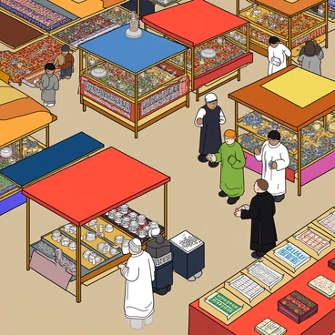 A vibrant marketplace filled with numerous stalls and vendors. Each stall is adorned with colorful canopies representing various faiths. One stall features intricate prayer rugs displayed prominently, while another showcases delicate silver jewelry with religious symbols. A vendor wearing traditional attire is selling candles, with different colors representing different spiritual meanings. Nearby, a table is set with an array of sacred texts and scrolls, inviting passersby to browse through the rich literature. The air is filled with the sounds of cheerful chatter and the scent of spices from a nearby food stall. People of different backgrounds are engaging with the vendors, exploring items that reflect their diverse beliefs.