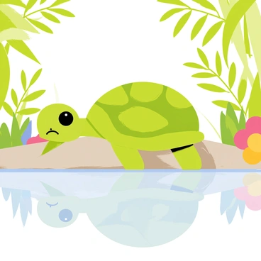 A small green turtle with a textured shell is perched on a smooth rock at the water's edge. The turtle is leaning slightly forward, its large, curious eyes focused on its reflection in the calm water. The water is clear, mirroring the turtle's image perfectly. Surrounding the scene are lush green plants and colorful flowers, adding vibrancy to the environment. Sunlight filters through the leaves, casting gentle patterns of light on the water's surface.