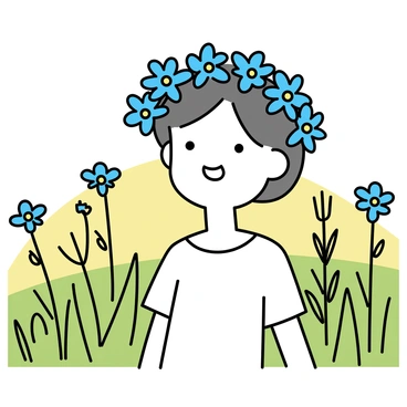 A smiling child with short brown hair is wearing a "floral crown made of cornflowers" on their head. The child is standing in a green field filled with tall grass and wildflowers. Sunlight is casting a warm glow, highlighting the vibrant blue of the cornflowers in the crown. The child is dressed in a simple white shirt, and their expression is joyful, with a slight tilt of the head as they look towards the viewer. In the background, clusters of cornflowers can be seen growing amongst the grass, adding to the cheerful atmosphere of the scene.