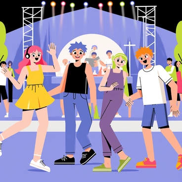 A group of anime characters is dancing energetically at an outdoor music festival. There are four characters: a girl with pink hair wearing a bright yellow dress, a boy with blue hair dressed in a black tank top and jeans, a girl with green hair and headphones in a purple outfit, and a boy with orange hair in a white shirt and shorts. Colorful lights in shades of blue, pink, and green illuminate the scene, casting vibrant reflections on their happy faces. In the background, a stage is visible with a band performing, while people are gathered around, enjoying the lively atmosphere.
