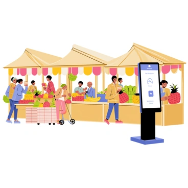 A vibrant market scene filled with traditional stalls made of wooden frames and colorful awnings. Each stall is adorned with fresh fruits and vegetables, such as bright red tomatoes and yellow bananas, arranged in an appealing manner. Shoppers browse through the goods, some carrying woven baskets filled with their purchases. In the foreground, a self-checkout kiosk stands with a sleek design, equipped with a touchscreen display, allowing customers to scan items. The atmosphere is bustling with people interacting and enjoying the lively environment.