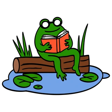 A green frog sitting on a textured log with its legs tucked underneath. The frog has big eyes and is wearing a pair of round glasses perched on its nose. It is holding an open book in its webbed hands, with pages slightly turned as if reading intently. The log is partially submerged in a small pond, surrounded by lily pads and tall grass. The frog's vibrant colors stand out against the natural earthy tones of the log and the green of the pond plants.