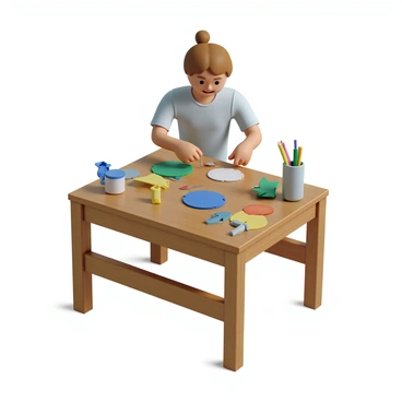 A person enjoying a simple craft project with basic materials on a table.