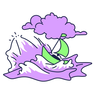 A small boat on a stormy sea, with giant waves and a dark, cloudy sky above