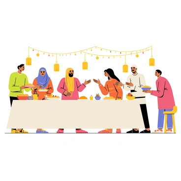 A diverse group of six people gathered around a large table filled with various traditional Eid dishes. One person, wearing a vibrant green dress, is serving a plate of biryani, while another person in a red kurta is presenting a colorful platter of sweets. A woman in a blue hijab is sharing stories, animatedly gesturing with her hands, and beside her, a man in a white thobe is holding a bowl of dates. In the background, there are decorations with string lights and lanterns, creating a festive atmosphere. Each person's attire reflects their cultural background, showcasing a rich variety of colors and patterns.
