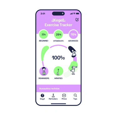 A close-up of a mobile app interface displayed on a smartphone screen. The app features a "Kegel Exercise Tracker" title at the top of the screen. Below the title, there are circular buttons indicating different exercise levels: beginner, intermediate, and advanced. Each button is clearly labeled. In the center, there is a progress bar showing the current workout session with a percentage. Additionally, there are icons representing reminders and tips, positioned at the bottom of the screen. The interface has a clean layout with easy-to-read text and interactive elements.