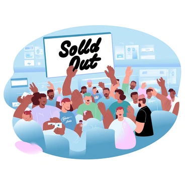 A gaming store filled with a crowd of enthusiastic fans. The fans are engaged in lively conversations, wearing various gaming merchandise such as t-shirts and hats. Some are holding bags filled with other games or collectibles. A large sign prominently displays the words "Sold Out" in bold letters, catching the attention of the customers. Shelves in the background are stocked with various video games and accessories, while posters of popular game titles decorate the walls.