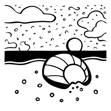 A conch shell partially buried in the sand with ridges and texture visible. In the foreground, grains of sand are scattered around the shell. Surrounding the shell, gentle waves are crashing against the shore, creating a splash of white foam. In the background, the sky is filled with intricate patterns of clouds and shading, indicating a sunset scene. The horizon is distinct where the ocean meets the sky, capturing the transition of light.