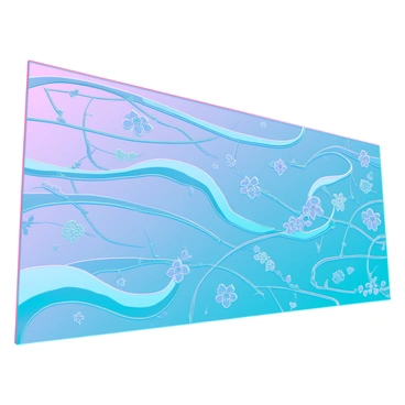 A large mural dominated by flowing lines that create graceful curves and shapes. The design features intricate floral patterns with various blossoms, leaves, and vines interwoven in an elegant manner. The colors are rich and vibrant, highlighting the details of the flowers and the smooth transitions between the lines. The composition is balanced and harmonious, with an overall sense of movement throughout the mural, drawing the viewer's eye across the entire surface.
