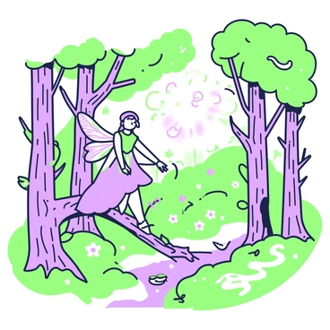 A mystical forest scene unfolds with towering trees enclosing the area. At the center, a fairy-like figure with iridescent wings is perched gracefully on a thick tree branch. The figure is adorned in a flowing gown made of delicate leaves, blending harmoniously with the surrounding foliage. Sunlight filters through the canopy, casting dappled shadows on the forest floor, which is covered in soft moss and small, colorful flowers. In the background, hints of ethereal glow emanate from the trees, suggesting a magical atmosphere. A small stream meanders nearby, reflecting the vibrant greens of the forest.