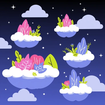 A celestial garden featuring multiple floating islands in various sizes, each adorned with different types of luminous plants. The islands are surrounded by fluffy white clouds and a deep blue sky. The plants emit a soft glow in vibrant colors such as pink, blue, and green, illuminating the islands. There are delicate flowers with elongated petals and glowing leaves scattered across the islands, while small sparkling stars are visible in the background. A gentle breeze causes the plants to sway slightly, adding a touch of movement to the serene environment.