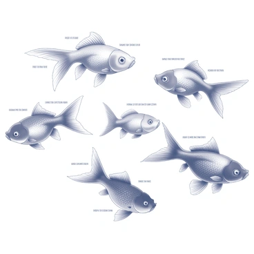 A variety of goldfish in different shapes and sizes is displayed together. Each goldfish features distinct characteristics such as body shape, fin structure, and coloration patterns. One goldfish has a rounded body with flowing fins, exhibiting a fan-like tail. Another displays a slender build with short, stubby fins. A third goldfish has prominent whiskers and a bulbous head. Each goldfish is labeled with its scientific name, written clearly in legible text beside it. Additional traits, such as body size and unique markings, are noted alongside each label, enhancing the educational aspect of the display.