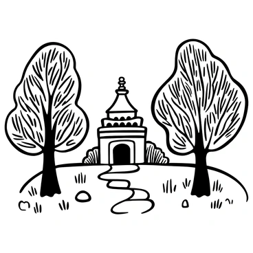 A detailed illustration of a temple structure nestled in a forest clearing, surrounded by tall pine trees with intricate bark patterns and needle-like foliage. The temple features classic architecture with a pointed roof and ornate carvings on the walls. The ground is covered with a carpet of fallen pine needles, and a few rocks are scattered around, adding texture to the scene. There is a sense of tranquility in the arrangement of the temple and the surrounding nature.