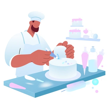 A baker with a white apron is standing at a counter while decorating a cake. The cake is tall and round, covered in smooth white icing. The baker is holding a piping bag filled with colorful icing, delicately creating intricate patterns on the cake's surface. Surrounding the cake are various cake decorating tools, including spatulas and food coloring bottles. A light dusting of flour is visible on the counter, adding a touch of realism to the scene. In the background, there are additional cakes on display, showcasing the baker's skills.