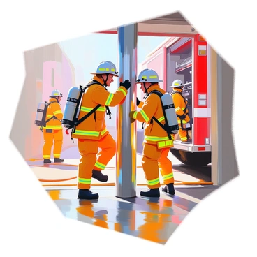 A group of firefighters, dressed in bright yellow uniforms and helmets, are sliding down a shiny metal pole in a fire station. Their faces display determination and focus as they prepare to respond to an emergency call. The station's interior is filled with fire equipment, including hoses and gear, with a red fire truck visible in the background. One firefighter is already on the ground, readying equipment, while another is in mid-slide down the pole, capturing the urgency of the moment. The scene is filled with dynamic energy and teamwork.