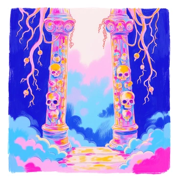 Two towering columns made of skulls stand on either side of a mist-covered entrance. The columns are intricately designed, featuring various skulls of different sizes and shapes, stacked meticulously. A dense fog swirls around the base of the columns, obscuring the ground. The entrance is partially shrouded in mist, inviting curiosity and intrigue. Above the entrance, twisted vines hang down, intertwining with the skulls, creating a haunting yet captivating scene.