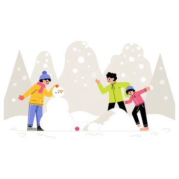 A snowy landscape featuring children building a snowman. One child, wearing a red scarf and a blue hat, is placing a carrot for the snowman's nose. Another child, dressed in a green jacket, is throwing a snowball at a third child, who is ducking behind a snow mound. Trees in the background are covered with snow, and fluffy snowflakes are gently falling from the gray sky. The ground is blanketed in thick white snow, and tracks of footprints lead through the scene.