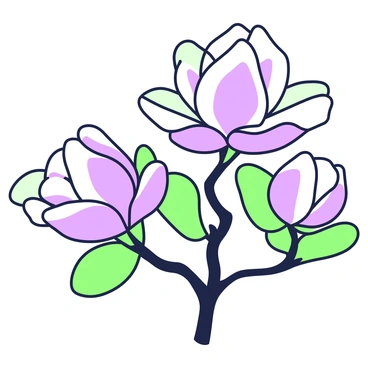 A branch of a magnolia tree is prominently displayed, featuring several large and elegant blooms. The flowers are layered with delicate petals that curve outward, showcasing their smooth texture. The branch is thick and sturdy, with rich green leaves emerging alongside the blooms. The background remains simple, allowing the beauty of the magnolia flowers to be the focal point of the image.