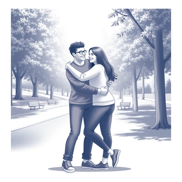 Two friends are embracing each other in a park. They are standing amidst lush greenery, surrounded by tall trees and well-maintained grass. The friends are smiling, conveying warmth and trust. One friend has their arms wrapped tightly around the other, providing a comforting gesture. In the background, there are a few park benches and a walking path, creating a serene atmosphere. Sunlight filters through the leaves above, casting dappled shadows on the ground.