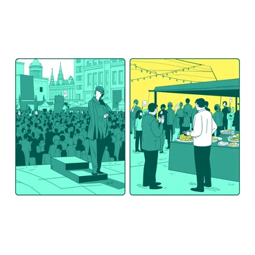 A teal illustration depicts a historical event from 50 years ago, featuring a large crowd gathered in a city square, holding banners and flags. The crowd is filled with people of diverse ethnicities, wearing clothing typical of the period. In the foreground, a prominent speaker stands on a small platform, passionately addressing the crowd, while the backdrop features historical buildings with intricate architecture. 

Adjacent to this, a contrasting modern event is depicted in a vibrant yellow color scheme. It shows a lively street festival with people of various ages gathered around food stalls and booths. Some individuals are using smartphones, capturing the moment, while colorful decorations and lights hang overhead. Food items are displayed prominently, showcasing a variety of cuisines. The atmosphere is filled with joy and celebration, creating a stark contrast to the serious tone of the historical event depicted next to it.