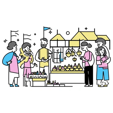 A bustling historical market scene filled with vendors. One vendor, a man with a beard, stands behind a wooden table showcasing colorful piles of "spices" in small woven baskets. Another vendor, a woman wearing a shawl, displays vibrant "textiles" hanging from a wooden frame. Shoppers, a mix of men and women, peruse the stalls, some holding "handmade pottery" and others examining "fresh fruits." The background features rustic buildings with thatched roofs, and flags gently flutter in the breeze, adding to the lively atmosphere.