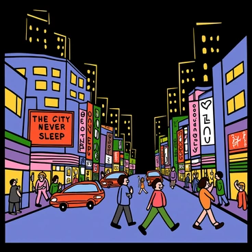 A bustling city street at night filled with people walking and chatting. Bright neon signs in various colors illuminate the surroundings, casting a vibrant glow. Skyscrapers line the street, their windows reflecting the lights. Cars are passing by, leaving trails of light, while street vendors set up their stalls, adding to the lively atmosphere. A sign reads "The city never sleeps" prominently displayed among the neon lights.