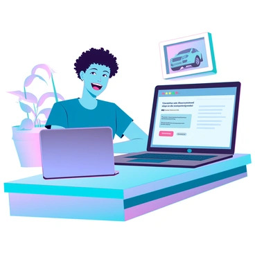 A happy customer with medium skin and short, curly hair is sitting at a sleek, modern desk with a laptop open in front of them. The customer has a big smile, showcasing their excitement. They are wearing a casual, stylish outfit consisting of a blue t-shirt and jeans. The background features a bright, inviting room with a potted plant and a framed picture of a car on the wall. On the laptop screen, there is a visible review form with the words "Excellent service and love my new car!" typed, demonstrating their satisfaction.