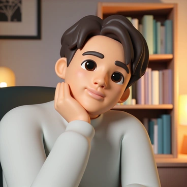A person sitting in a cozy, softly lit room, with their chin resting on one hand. The person has deep brown eyes, slightly furrowed brows, and pursed lips, indicating a state of deep contemplation. Their hair is slightly tousled, adding to the thoughtful expression. They are wearing a light gray sweater, and the background features a bookshelf filled with books, with a warm glow from a nearby lamp illuminating the scene. A slight hint of a smile plays on their lips as they gaze off into the distance, lost in thought.