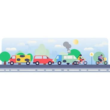 A busy highway stretches across the image, filled with various vehicles including cars, trucks, and motorcycles. The vehicles are shown in different colors, with some being red, blue, and yellow. Each vehicle is emitting visible fumes that rise into the air as gray and white plumes. The highway is lined with green trees and roadside signs. In the background, a clear blue sky contrasts with the pollution from the vehicles, showcasing a complex interaction between nature and urban development.