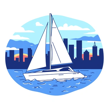 A white yacht is sailing on calm waters, creating gentle waves around its hull. The yacht has its sails fully extended, catching the evening breeze. In the background, a city skyline is silhouetted against the dusky sky, with various buildings of different heights and designs. The colors of the sky transition from deep blue to orange as the sun sets, casting a warm glow on the scene. Reflections of the skyline shimmer on the water's surface, adding to the tranquil atmosphere.