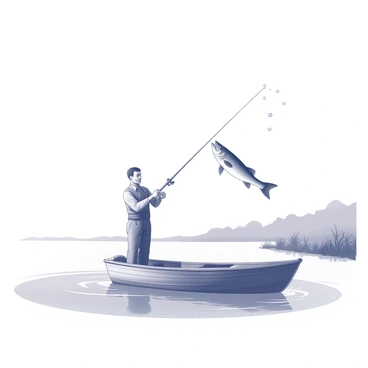 A fisherman is standing in a small boat, positioned in the center of a calm expanse of water. He is casting a fishing line with a focused expression. The boat is detailed, showing its wooden texture and features. Above the water, a pike is leaping energetically, water droplets captured mid-air as it arcs upward. The surrounding environment includes gentle ripples on the water's surface and hints of vegetation along the shore in the background.