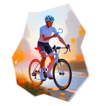 A cyclist with short brown hair, wearing a bright helmet and a fitted cycling jersey, is standing next to a sleek road bike. The bicycle is equipped with a bright front light mounted on the handlebars and a red rear light on the seat post. The cyclist is holding the front light in one hand, aiming it ahead, while the rear light is illuminated, casting a red glow. The setting is an outdoor space during the late afternoon, with a subtle evening sky starting to darken, indicating the approach of night. Nearby, there is a patch of grass and a few scattered leaves, suggesting a transition into an autumn atmosphere.