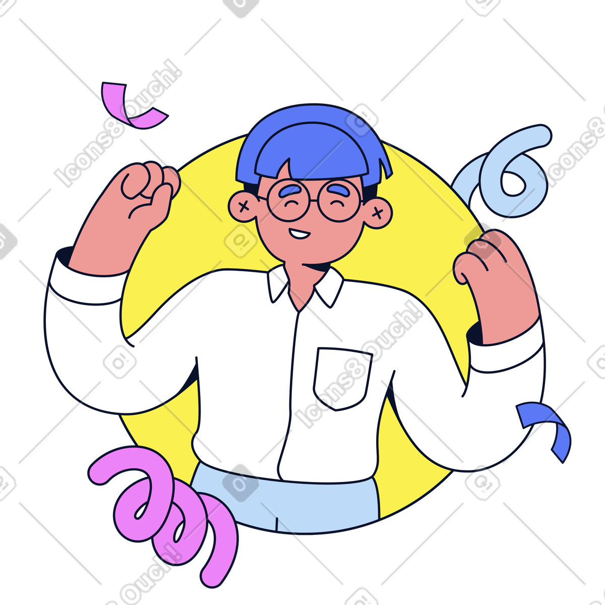 Happy young man celebrating success illustration in Flexy style download in PNG, SVG