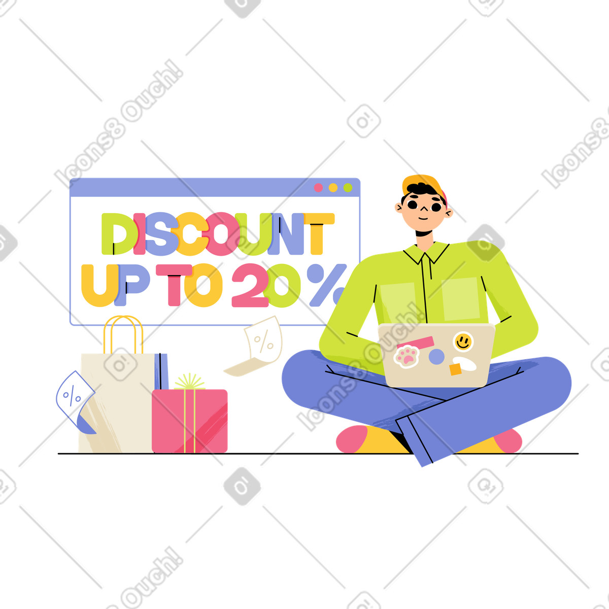 Juicy スタイルの オンラインで買い物をする男性のレタリング割引最大 20% のイラストをPNG、SVG形式でダウンロード