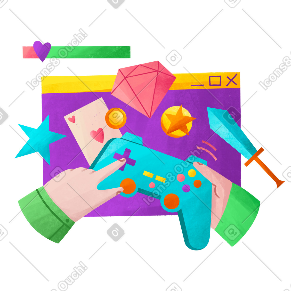Ilustração de Gamepad and digital items in browser window, Online gaming entertainment em no estilo Bonbon para baixar em PNG, SVG