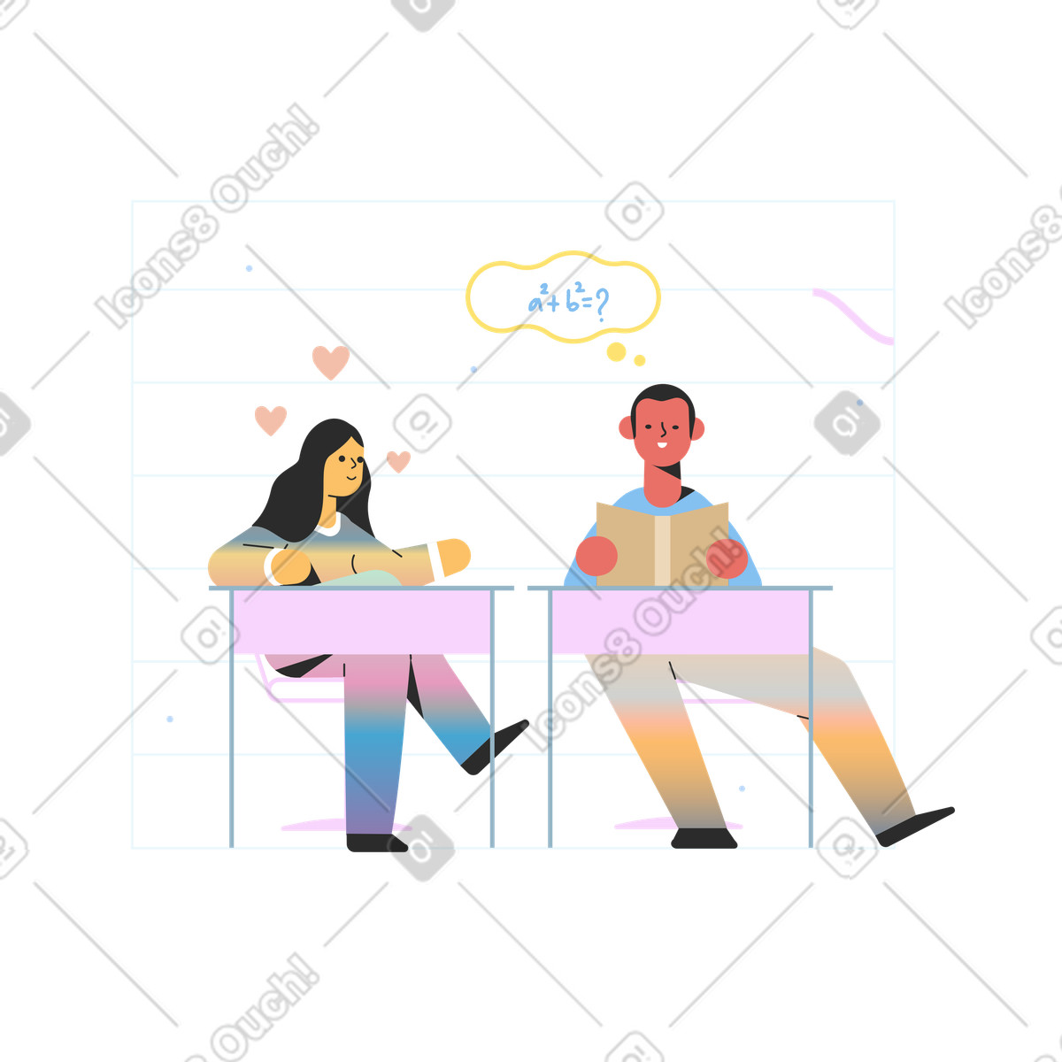 Illustration Adolescente ayant le béguin pour un camarade de classe dans style Marginalia à télécharger aux formats PNG, SVG